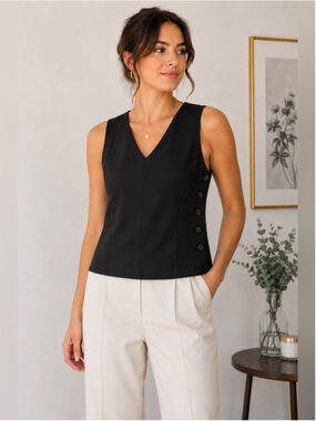 Devonshire Cream Black V-Neck Sleeveless Button Side Top Size S Vintage 90s